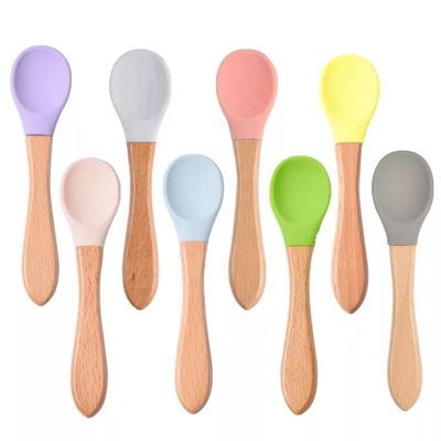 Cucchiaio di legno BPA di alimentazione infantile della maniglia commestibile libero cucchiaio molle del bambino del silicone